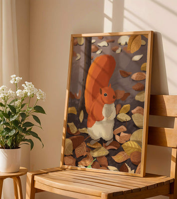 Illustration of a cute squirrel among autumn leaves