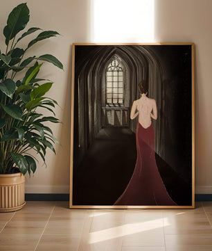 Elegant woman in a red dress inside a gothic hallway