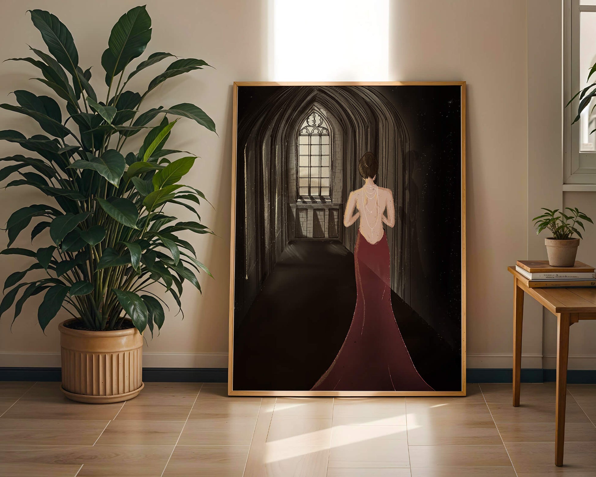 Elegant woman in a red dress inside a gothic hallway