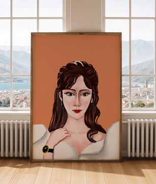 Retrato de una mujer con peinado elegante y reloj dorado