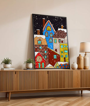 Farbenfrohe Winterstadtlandschaft mit schneebedeckten Häusern im Cartoon-Stil