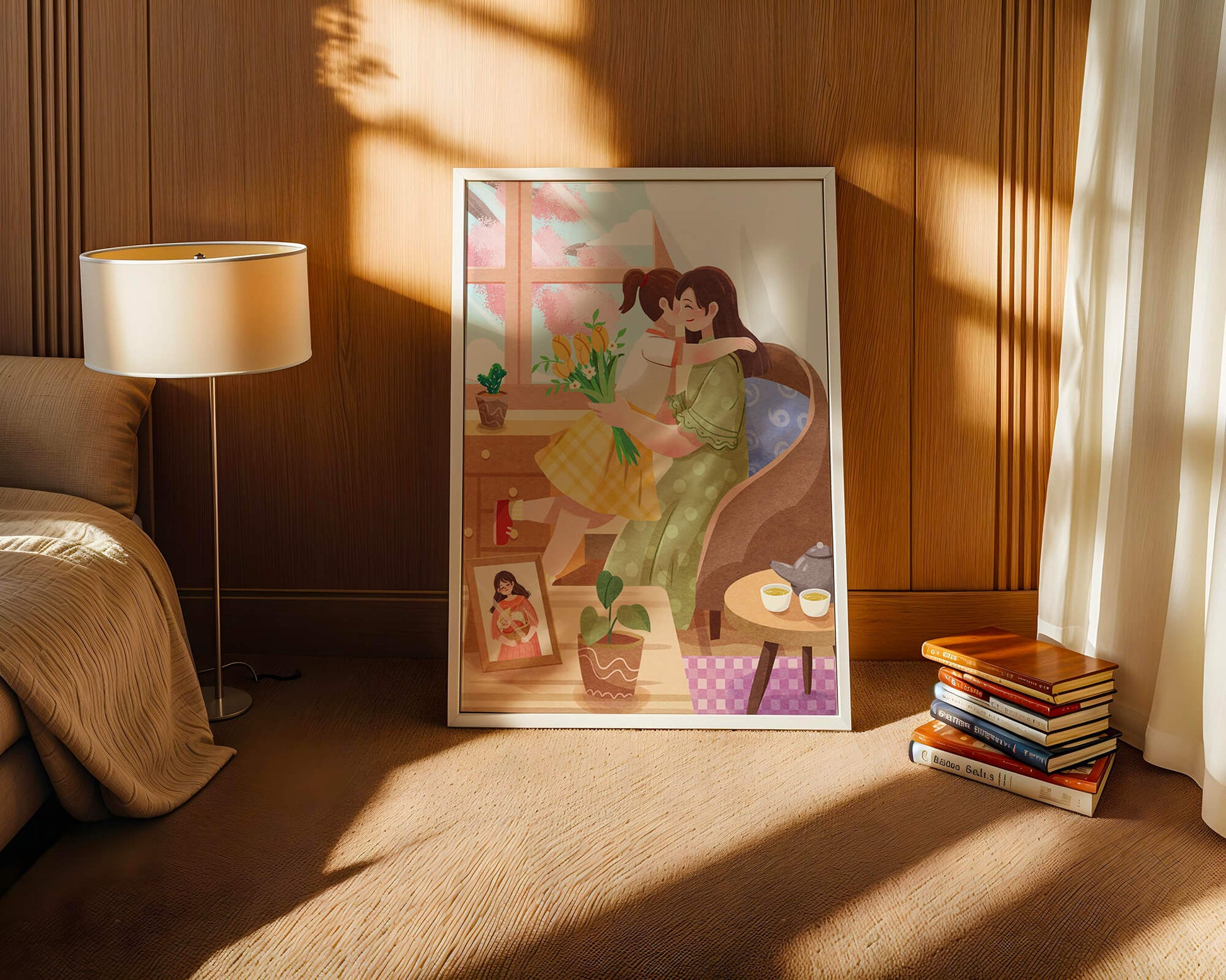 Cozy living room scene with mother and daughter hugging near window