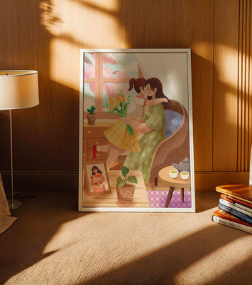 Cozy living room scene with mother and daughter hugging near window