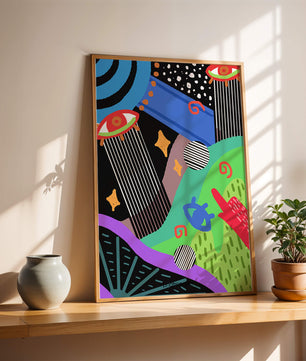 Œuvre d'art psychédélique abstraite colorée avec des formes géométriques et des yeux