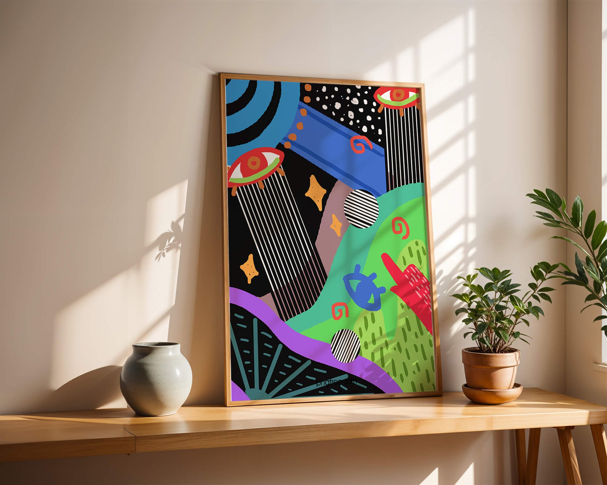 Œuvre d'art psychédélique abstraite colorée avec des formes géométriques et des yeux