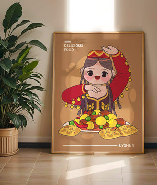Illustration d’une figure culturelle ouïghoure portant un costume traditionnel et partageant un repas festif