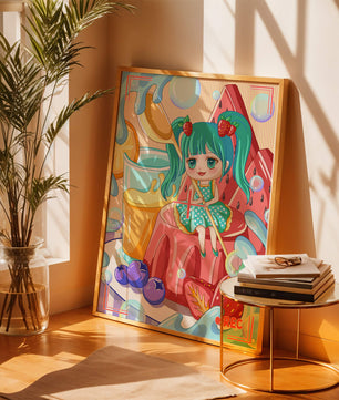 Scène de dessert fantaisiste avec un personnage mignon et des couleurs vives