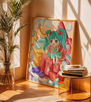 Whimsical dessert scene with cute character and vibrant colors
