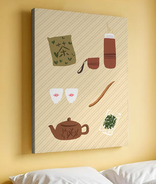 Illustración de un juego de té tradicional con hojas de té y accesorios