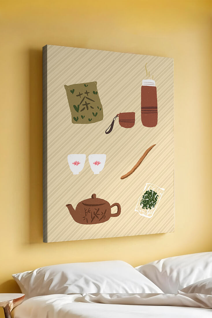 Illustración de un juego de té tradicional con hojas de té y accesorios
