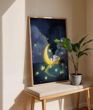 Whimsical night scene with child and cat on crescent moon