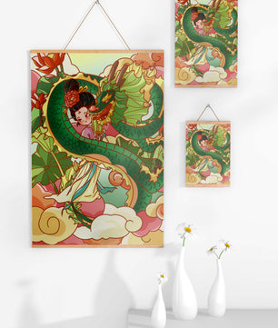 Heitere künstlerische Darstellung eines Mädchens mit einem majestätischen Drachen inmitten von Wolken und Lotusblumen