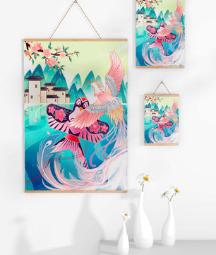 Illustration colorée d’oiseaux et de fleurs avec une architecture orientale
