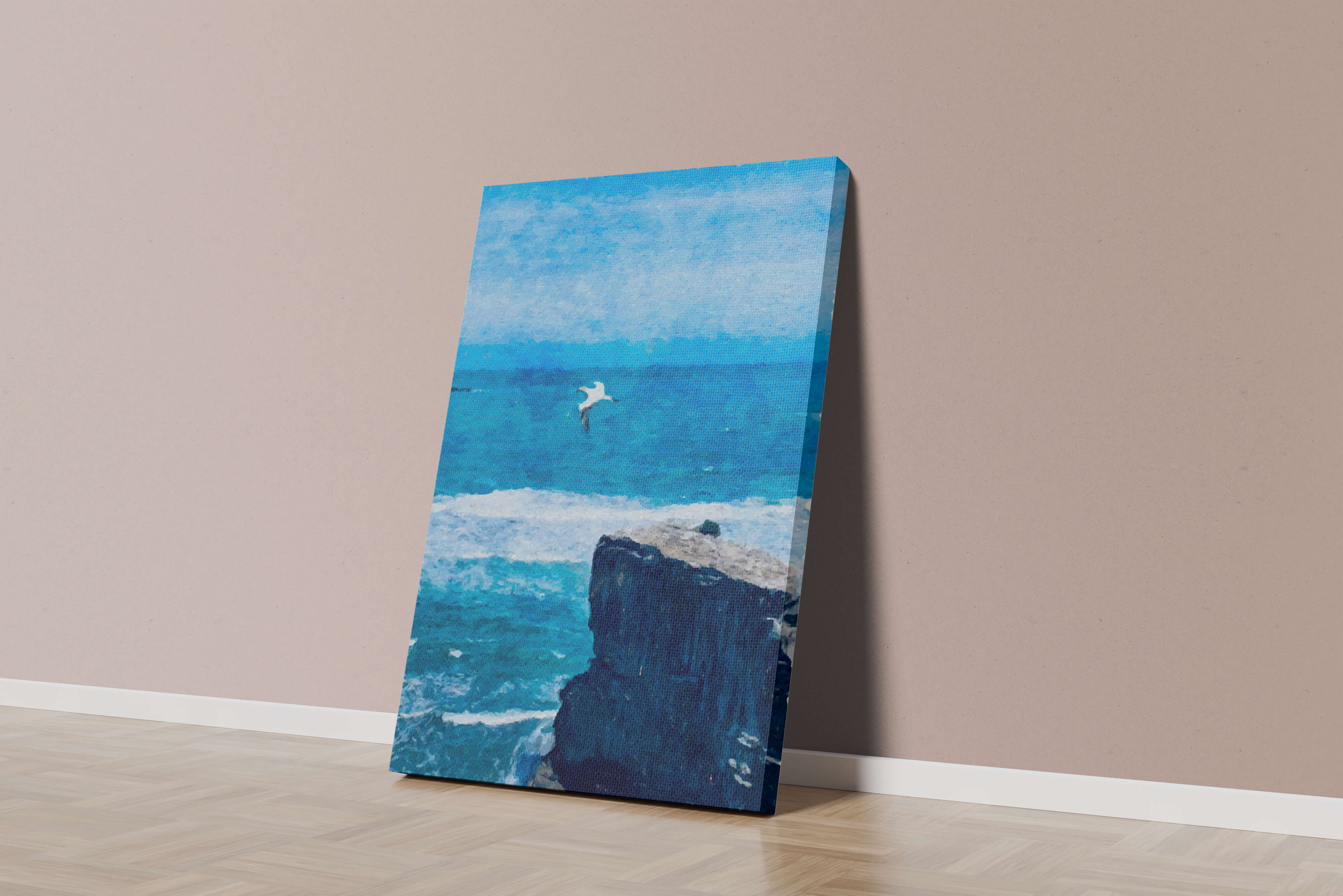 Seascape with soaring seagull over rocky cliff and ocean waves