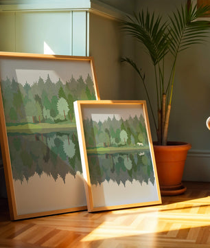 Forest landscape with a white horse and reflection in a tranquil pond