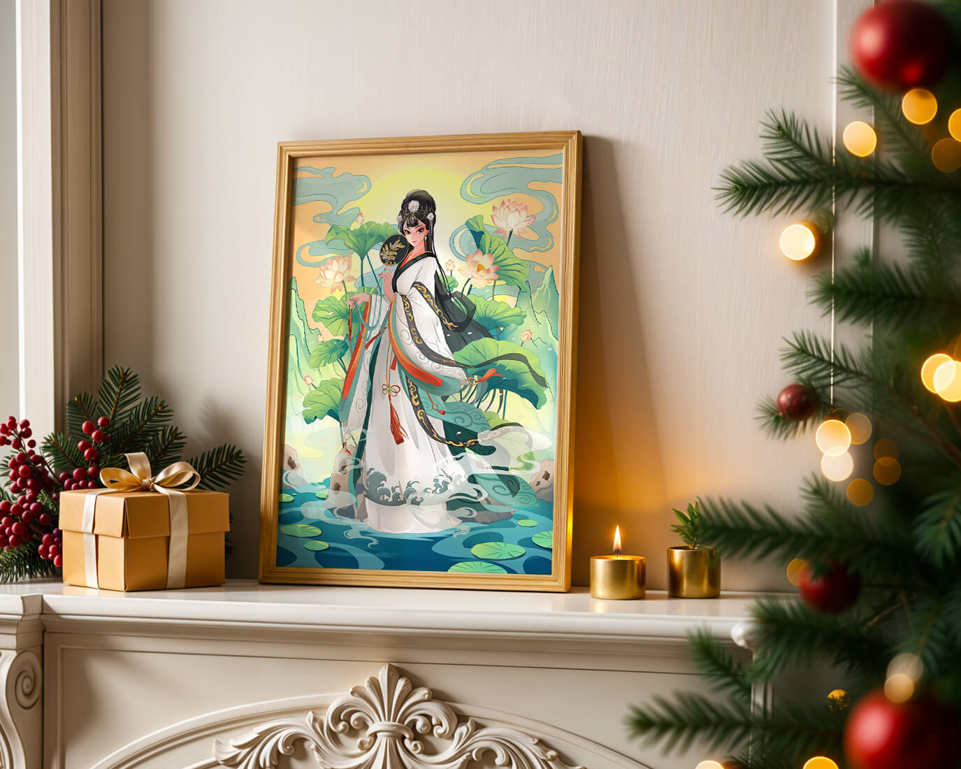 Elegant woman in traditional attire with lotus flowers and serene backdrop