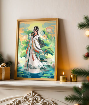 Femme élégante en tenue traditionnelle avec des fleurs de lotus et un décor serein