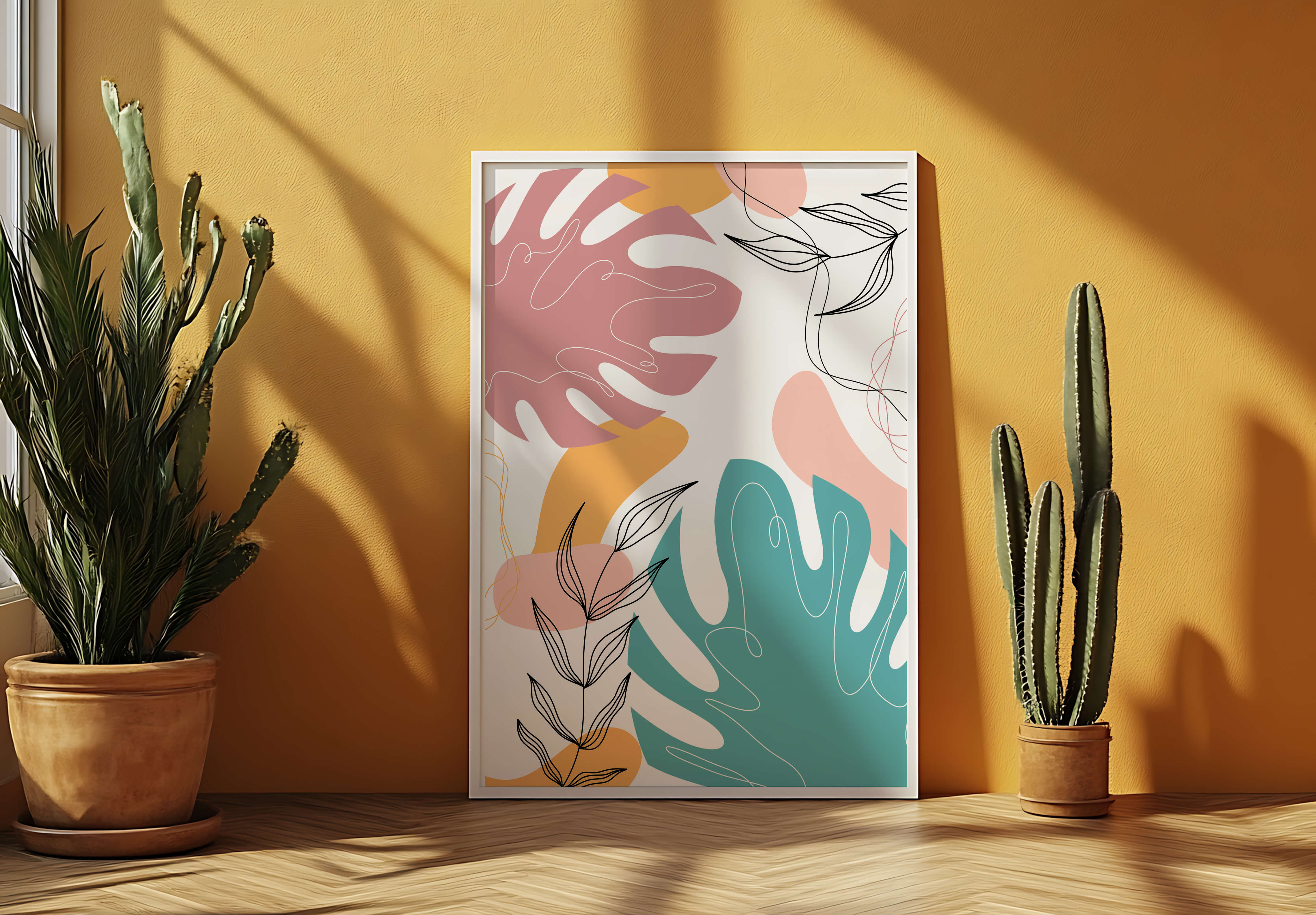 Abstract botanical illustration with colorful leaf patterns