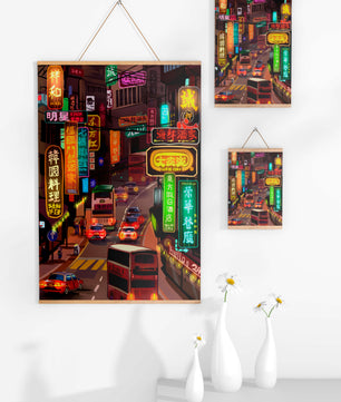 Vibrant urban street with neon signs and bustling traffic at night