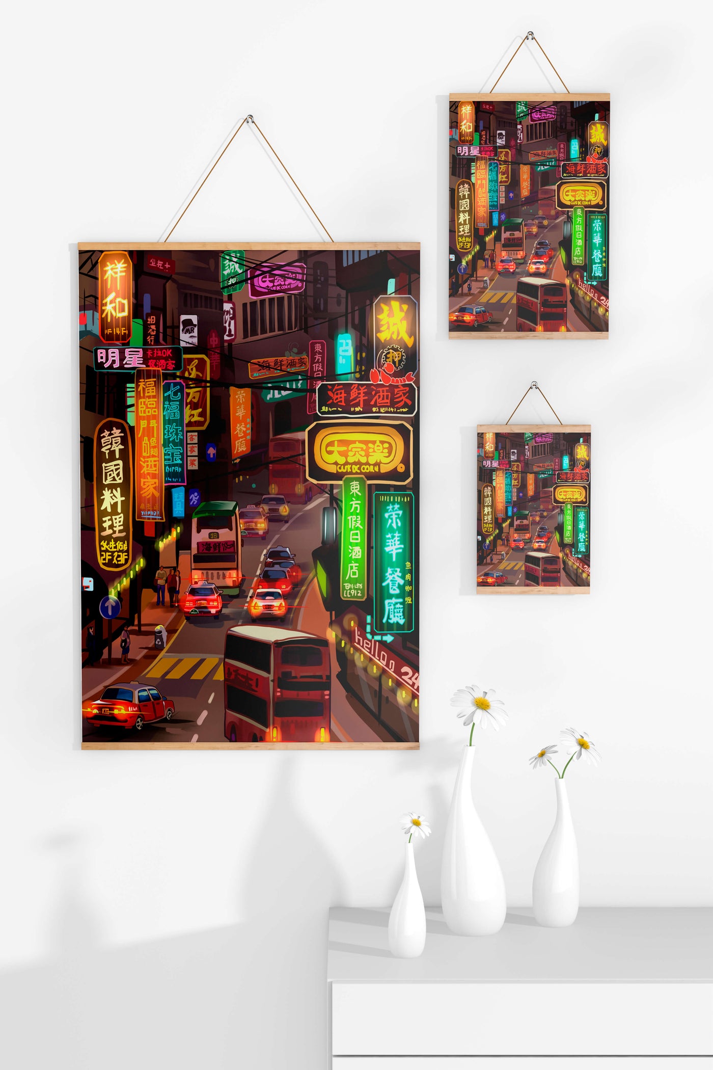Vibrant urban street with neon signs and bustling traffic at night
