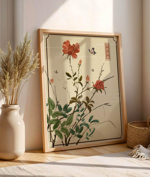Delicate Floral Art with Red Flowers and Butterflies