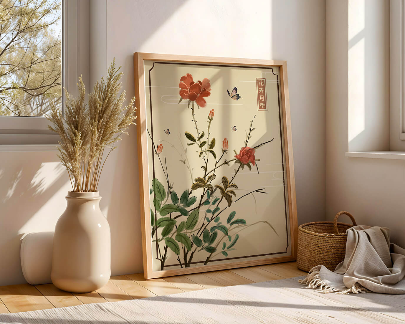 Delicado arte floral con flores rojas y mariposas