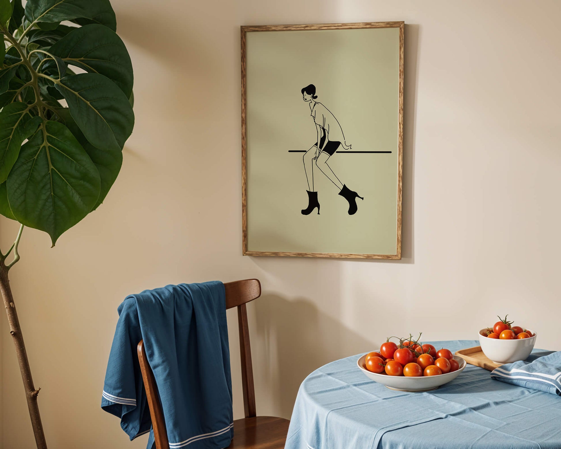 Schicke minimalistische Illustration einer sitzenden Frau in stylischen Stiefeln