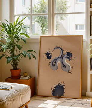 Illustration of a mystical dragon with fluid form on a beige background