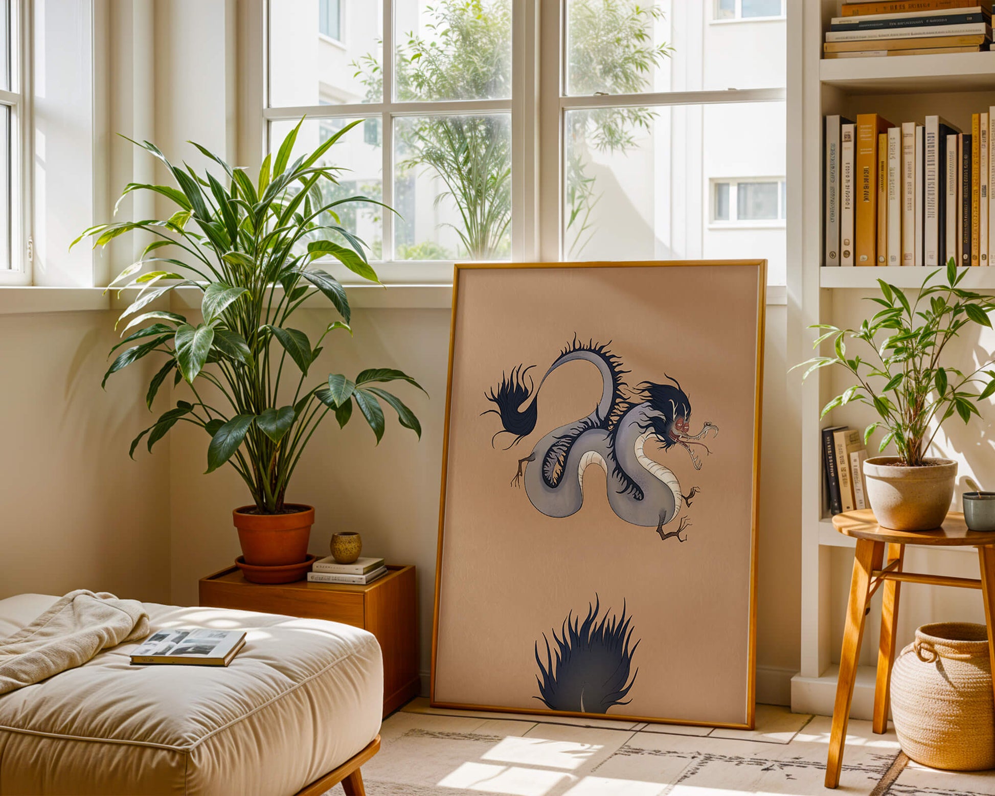 Illustration of a mystical dragon with fluid form on a beige background