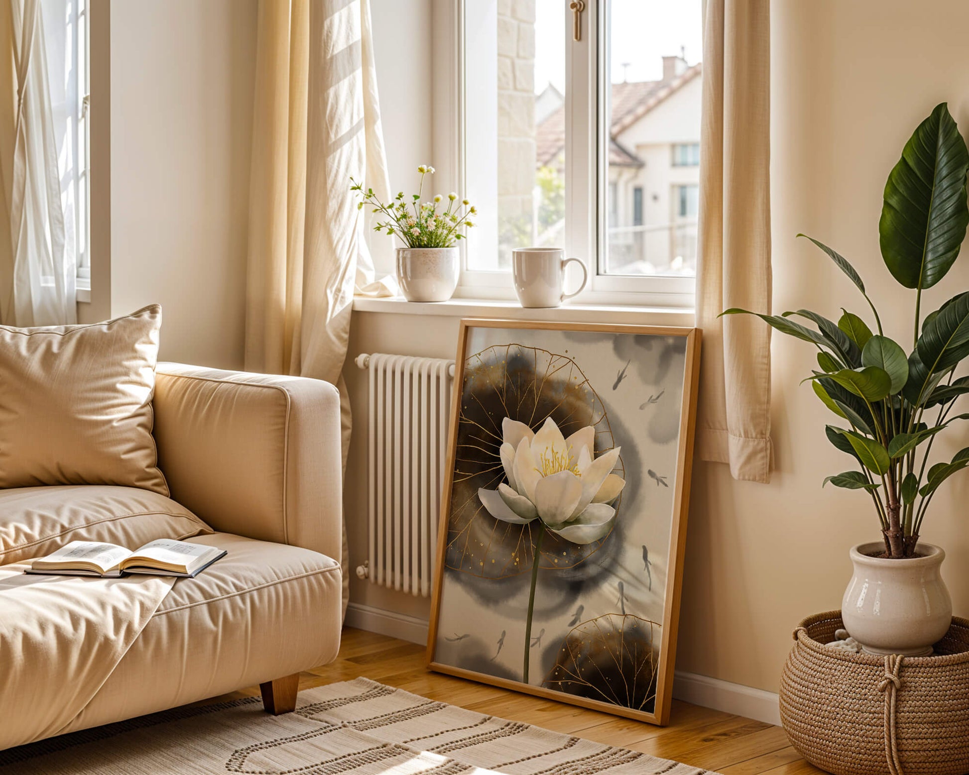 Illustration of a lotus flower with golden accents