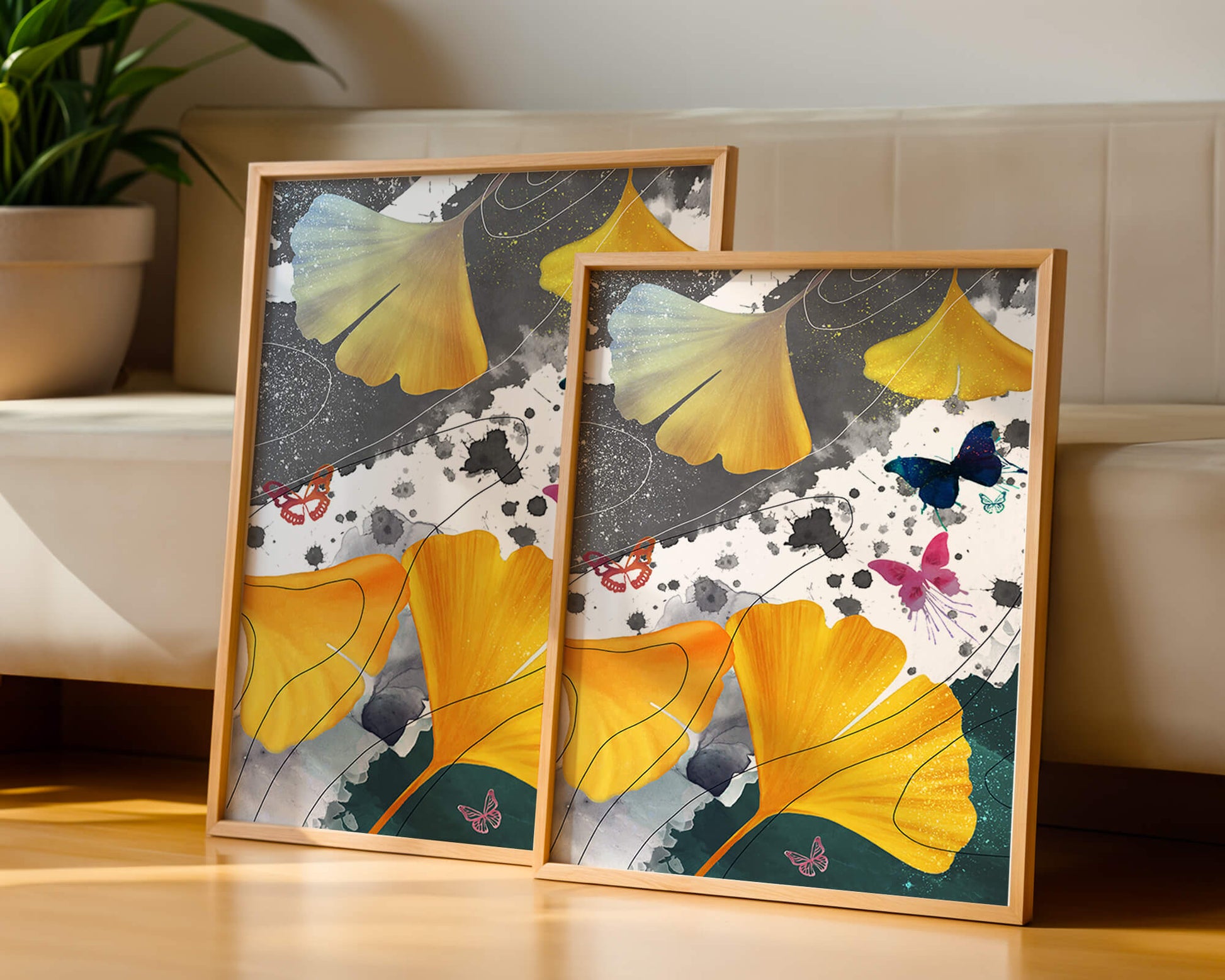Composición artística con hojas amarillas y mariposas