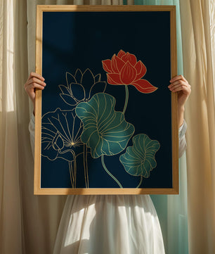 Elegant Floral Illustration with Vibrant Lotus and Gold Outlines on Dark Background