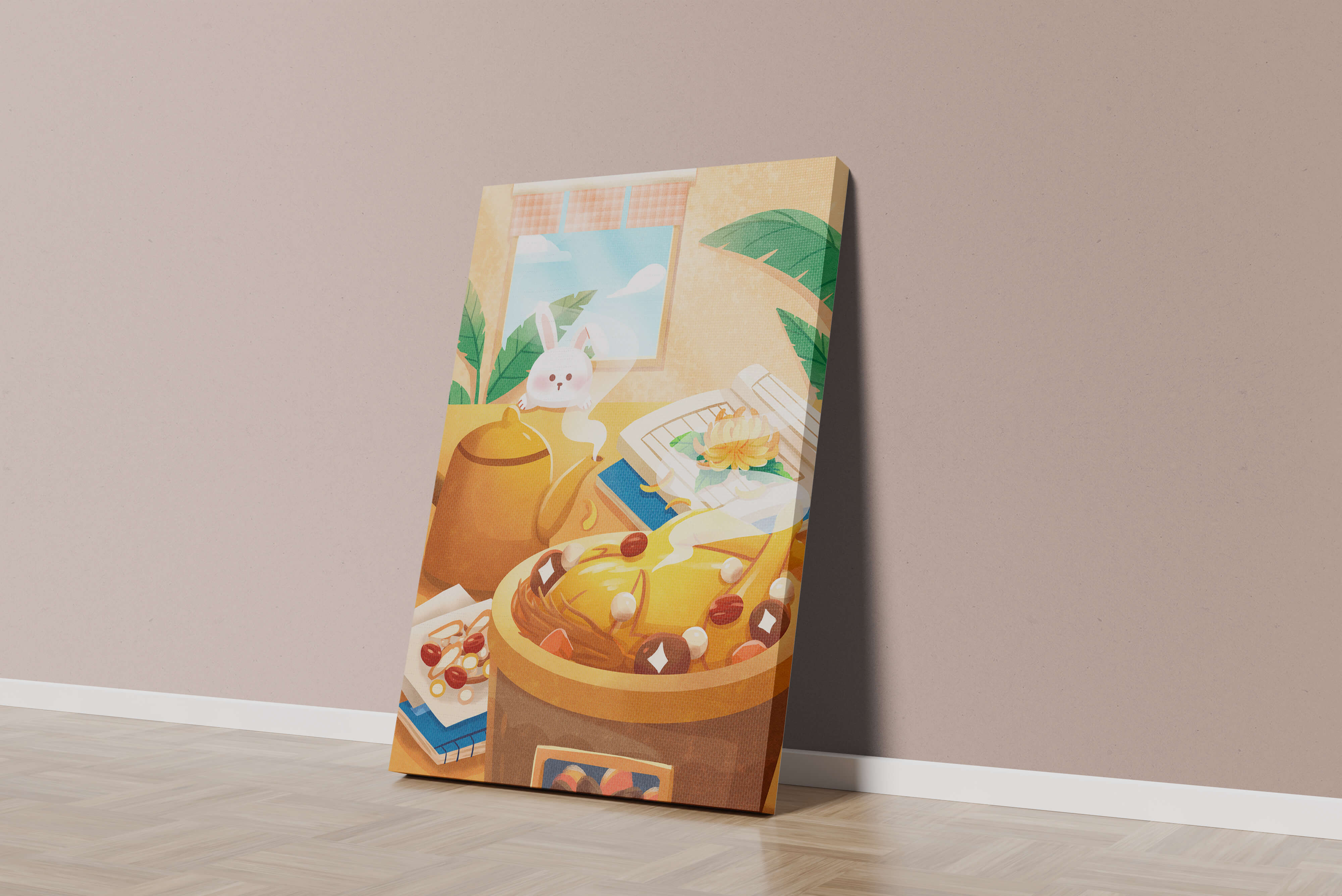 Cozy kitchen scene with cute bunny, teapot, and golden dessert