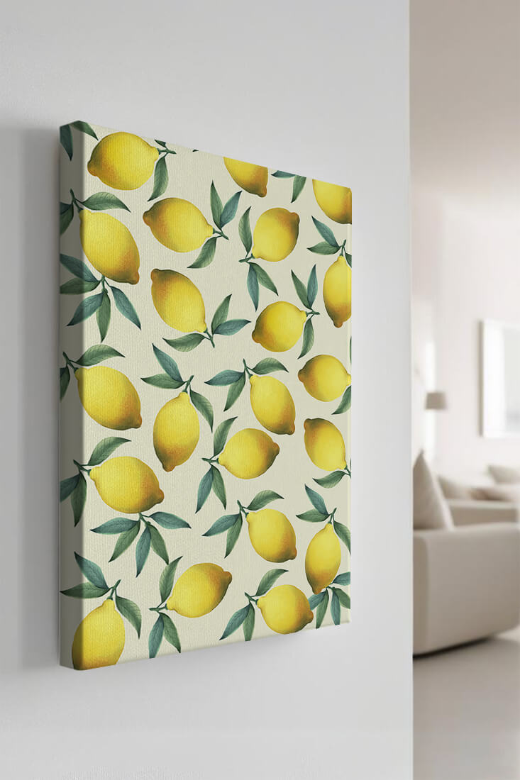 Vibrant lemon pattern with green leaves on a light background