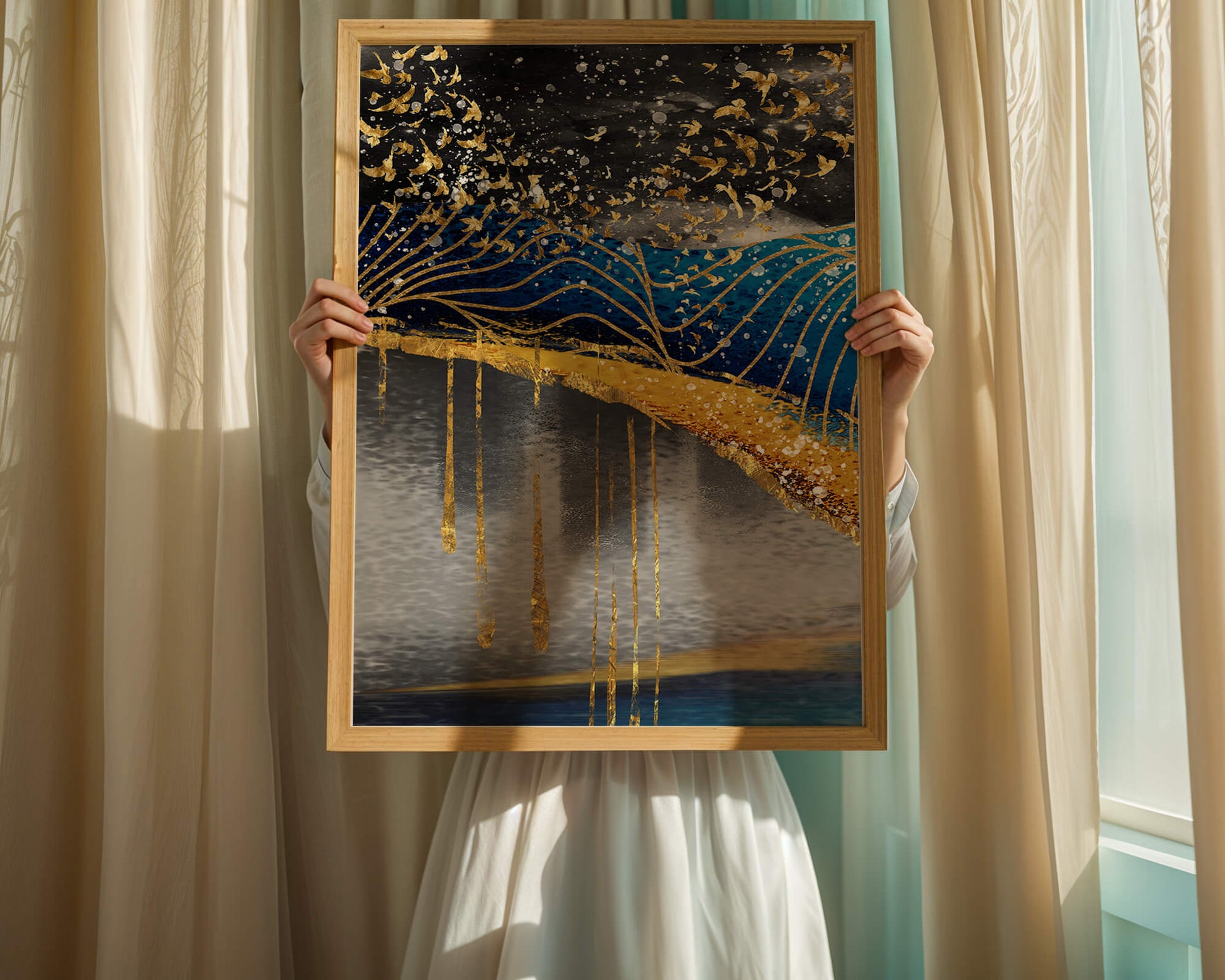 Abstract Night Sky With Golden Birds And Waves