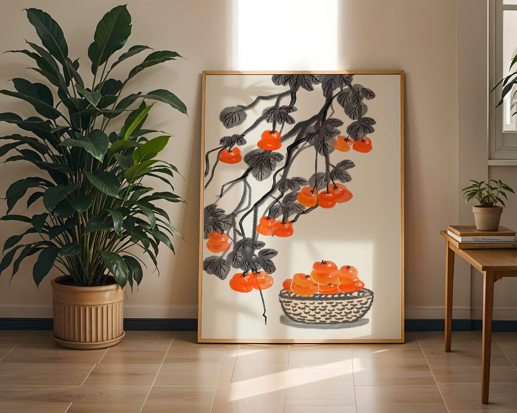 Artistic depiction of hanging persimmons with basket on watercolor canvas