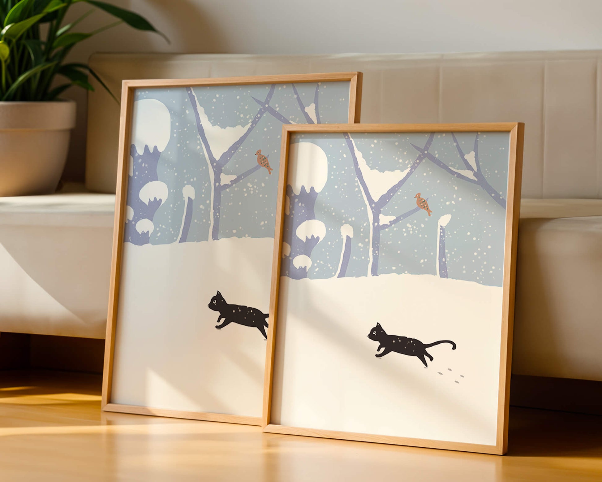 Illustrated snowy landscape with playful black cat and bird in winter scenery