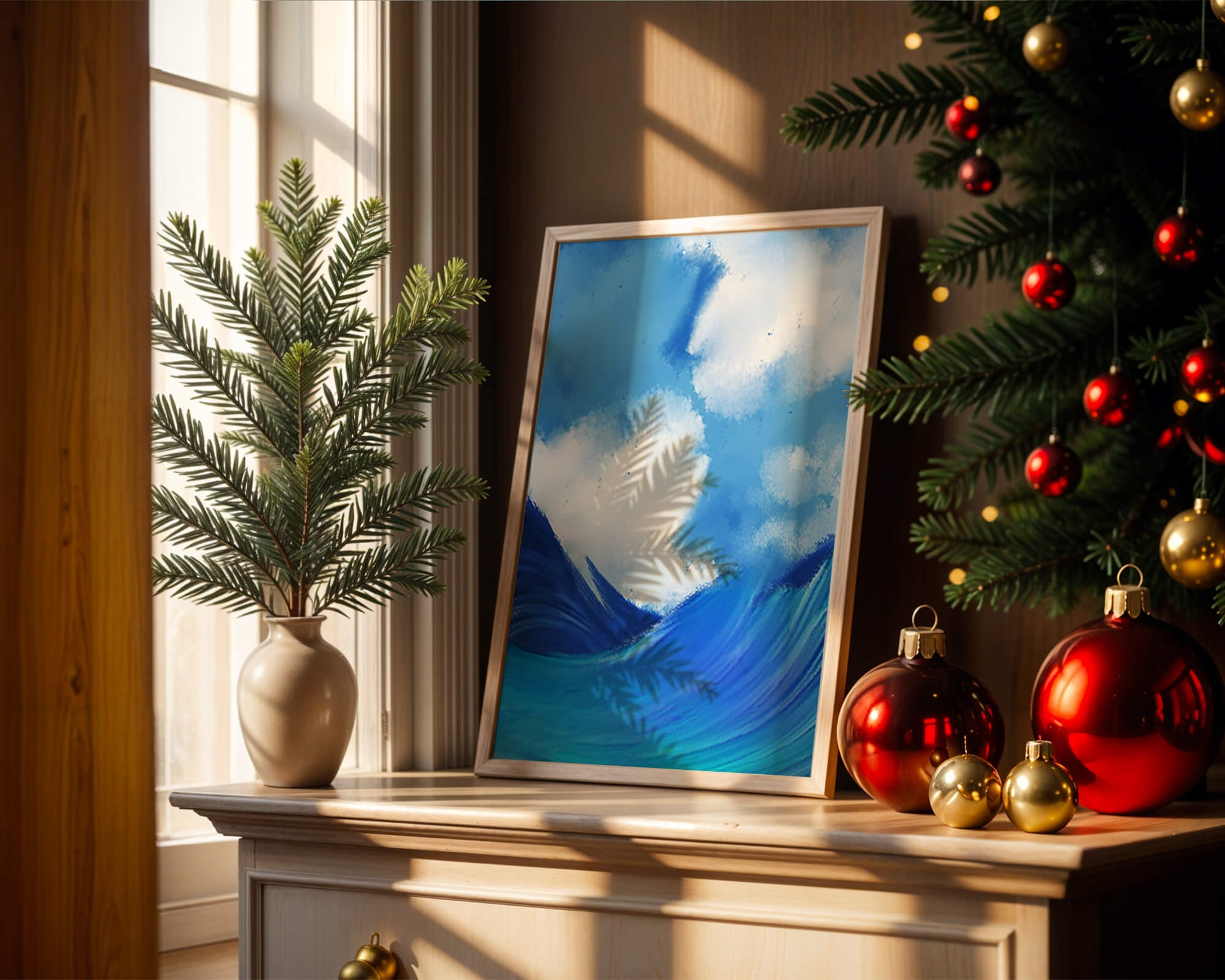 Beautiful ocean waves under a cloudy sky artwork