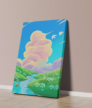 Serene landscape with rolling hills, stream, and vibrant sky