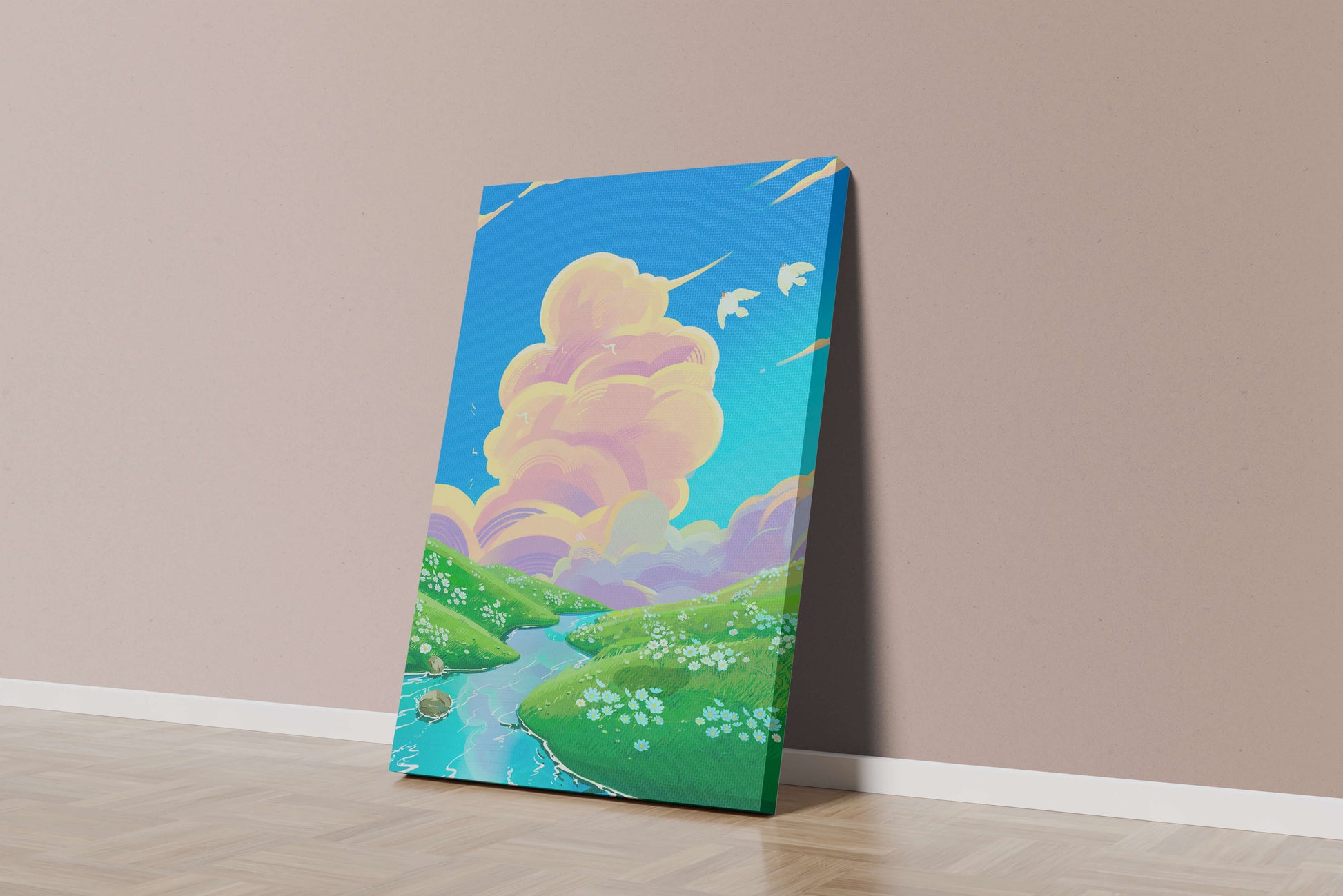 Serene landscape with rolling hills, stream, and vibrant sky