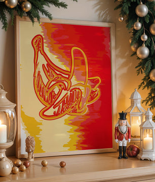 Abstract banana art with vibrant red and orange hues