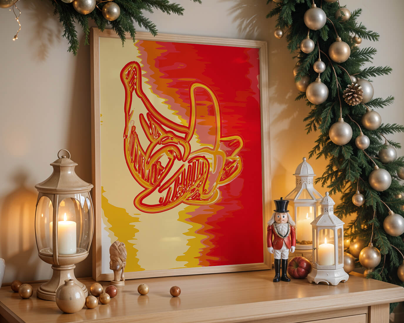 Abstract banana art with vibrant red and orange hues