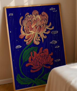 Colorful chrysanthemum illustration on dark blue background