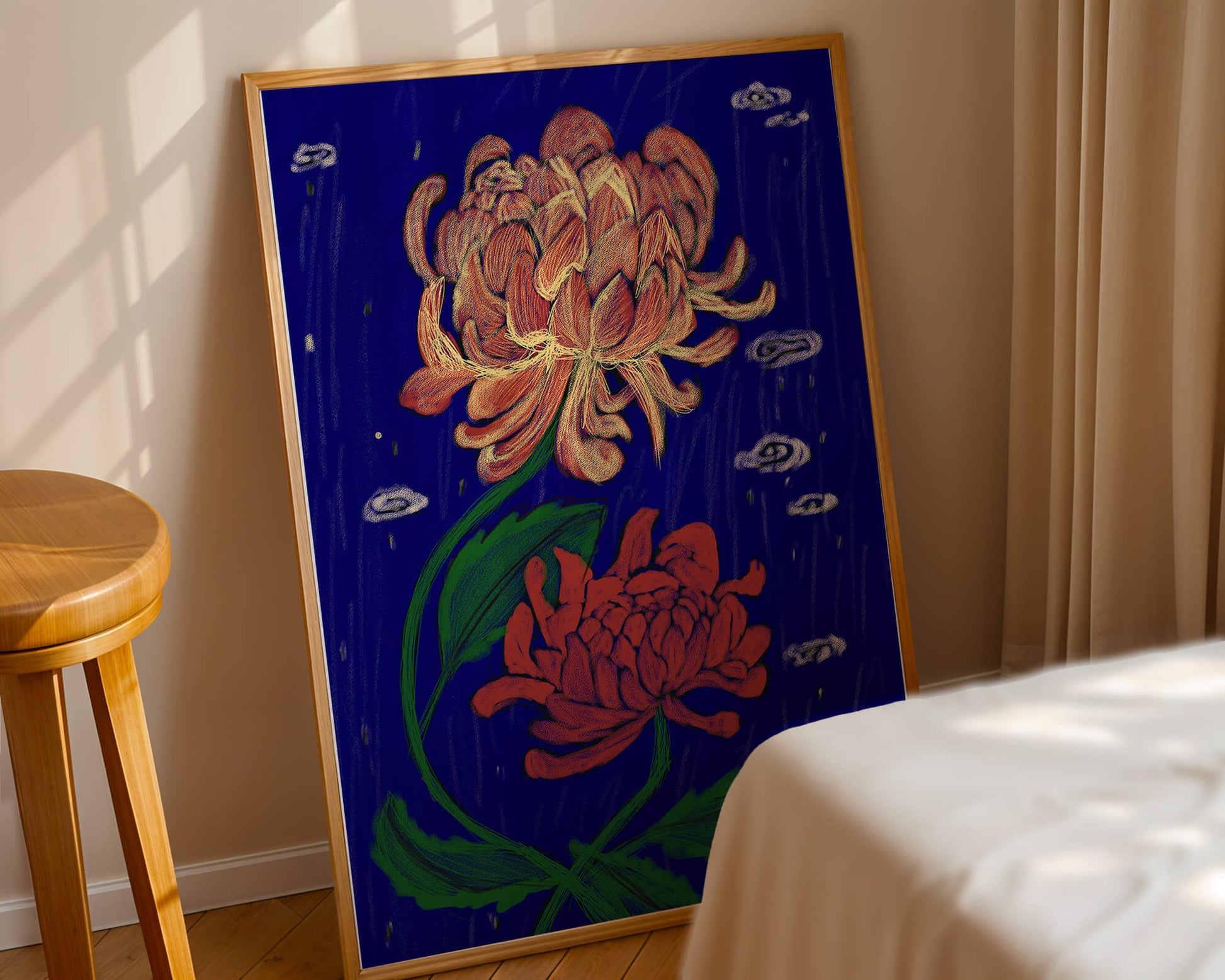 Colorful chrysanthemum illustration on dark blue background