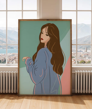 Stylish woman illustration with long hair in pastel shades