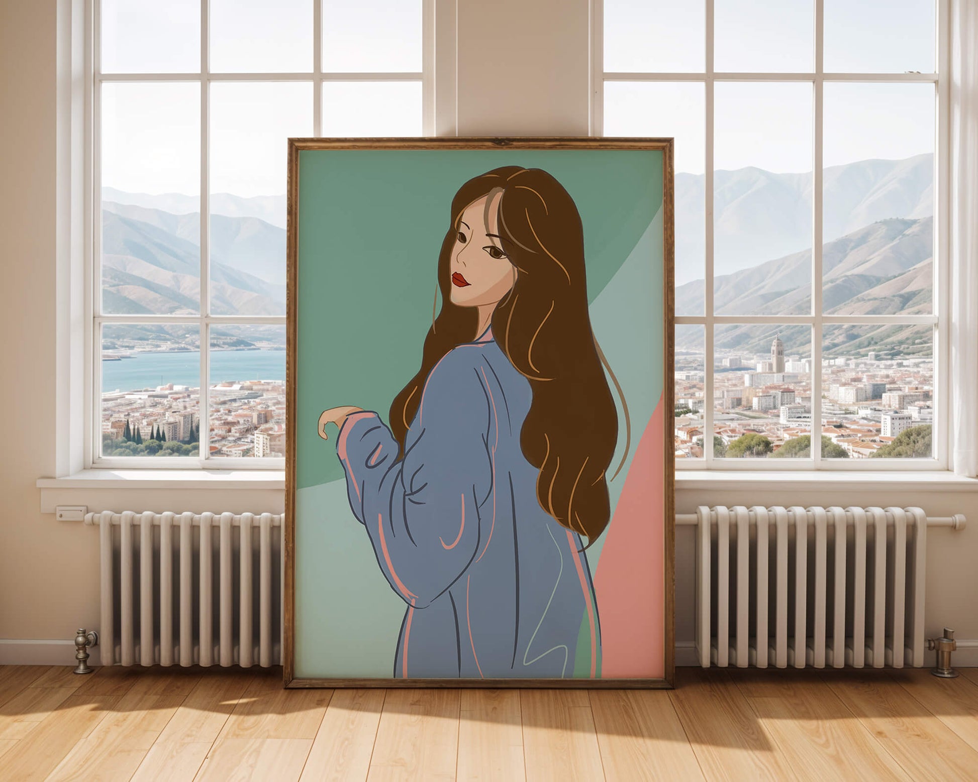 Stylish woman illustration with long hair in pastel shades