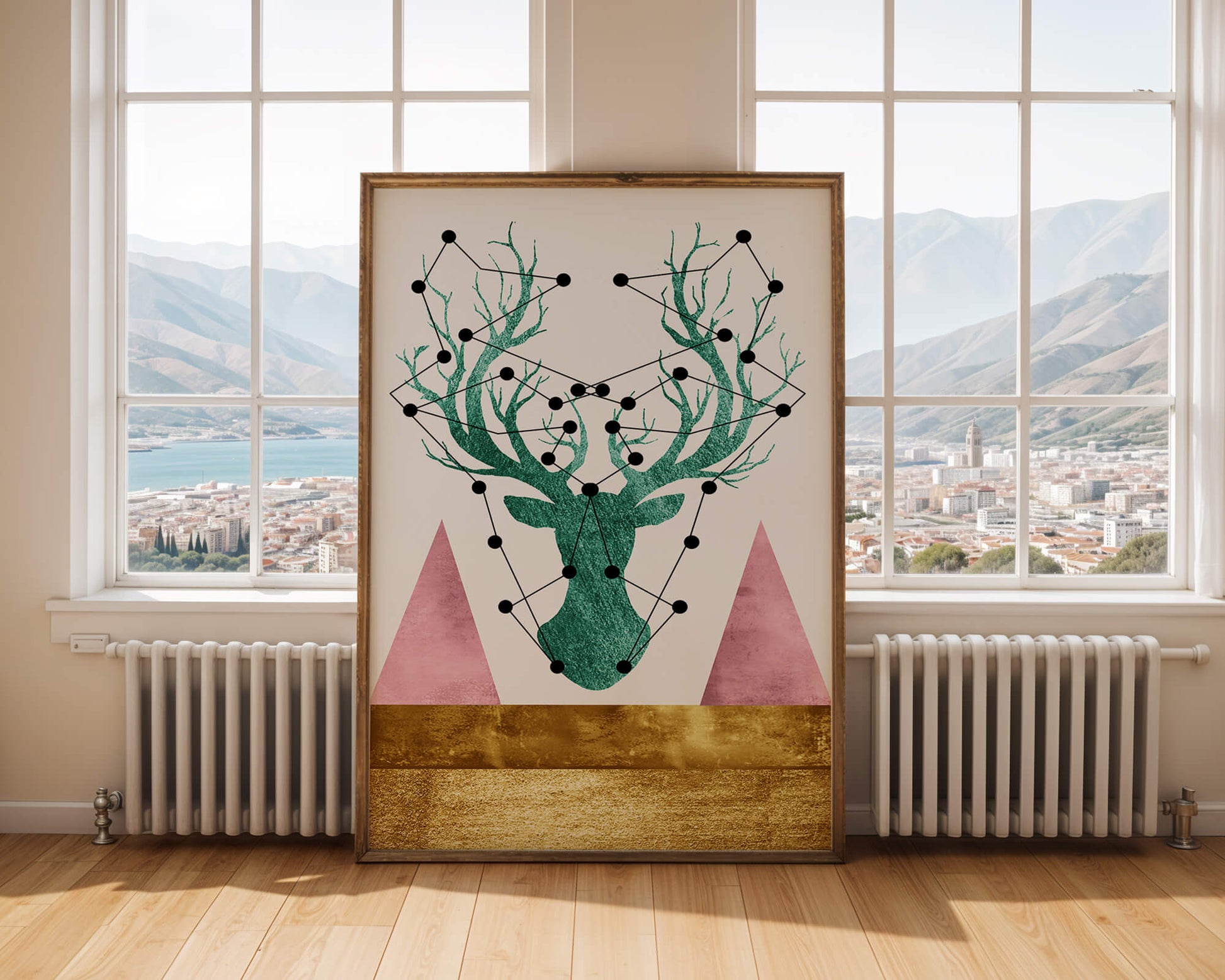 Geometric Deer with Abstract Elements and Gold Accents