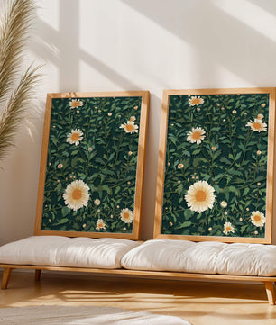 Floral pattern with daisies on a dark green background