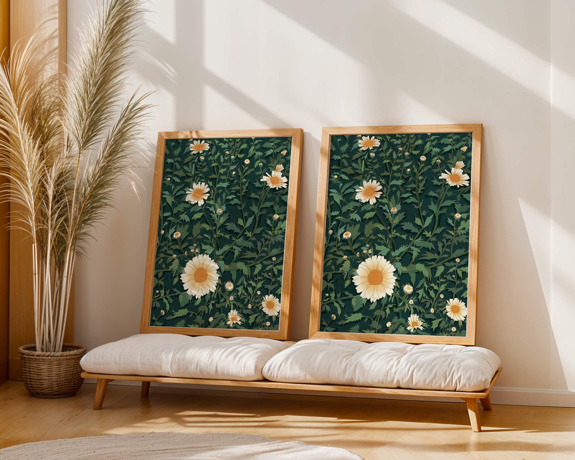 Floral pattern with daisies on a dark green background