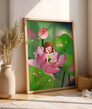 Charming fairy sitting on a blooming pink lotus in a magical garden